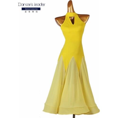 High-end custom modern dance yellow sleeveless big swing skirt female adult ballroom competition performance costume