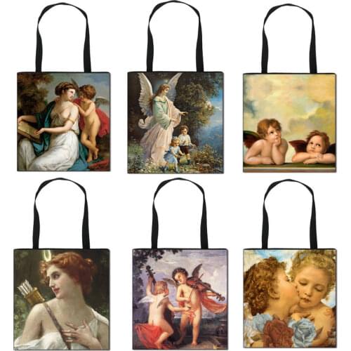 Oil Painting Fairy / Love Angel Print Shoulder Bag Women Fashion Handbag Ladise Canvas Shopping Bag Big Capacity Large Totes