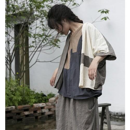 Women Loose Patchwork Cotton Linen Jacket Coat Outerwear Ladies Vintage Spliced Short Coat Female 2020 Summer Tops