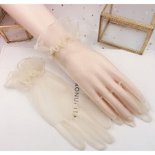 1 Pair Lady Sexy Tulle Gloves Women Full Finger Mittens Stretchy Lace Lotus Leaf Sheers Flexible Solid Color Transparent Gloves