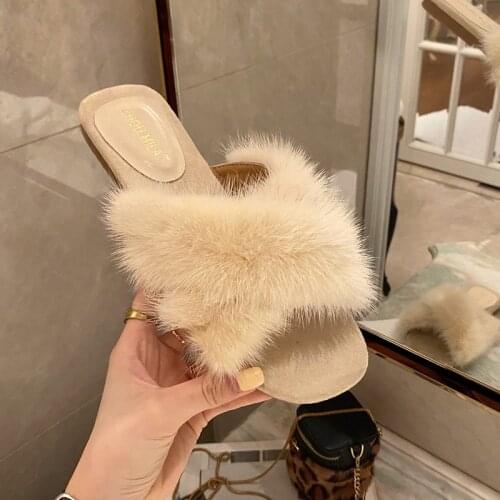 Natural Mink Cross Slipper Womens Outdoor Wear 2020 New Summer All-match Furry Flat Sandals Womens Shoes