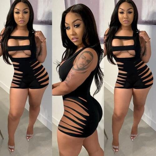 Echoine 2021 Women Summer Solid Hollow out one piece bodysuits Playsuits Sleeveless Sexy shorts Fitness Jumpsuit Club Rompers