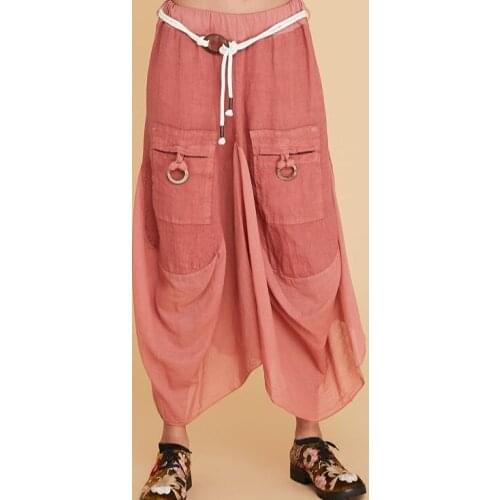 Linen Fabric Baggy Corded Belt Accessory Pockets Long Shalwar Skirt 2021 Authentic Women Fashion Models Bohemian Style Clothing
