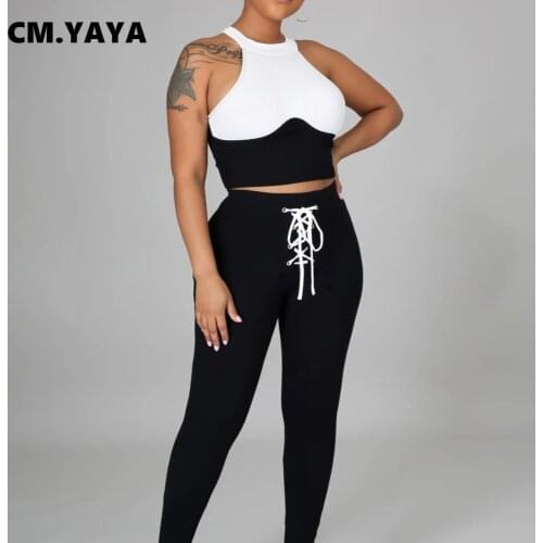 CM.YAYA Women Casual Set Patchwork Sleeveless Crop Tops Drawstring Waist Skinny Full Length Pants Matching Sets Summer Outfits