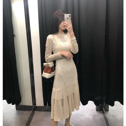 2019 Time-limited Sale A-line Solid Full Vadim Women Dress Summer Dress Fashion Openwork Lace Two-piece Female Long Sleeve
