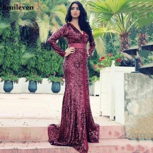 Smileven Mermaid Burgundy Evening Dress Long Sleeve V Neck Sequins Party Dress Longo Dubai Special Occasion Dresses