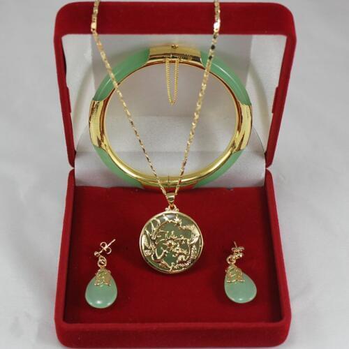 Noble 7.5' light green Jades bracelet, earings, and fine dragon inlay pendant jewelry sets for party and wedding