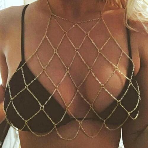 Bikini Body Mesh Chain Bra Gold Sliver Metal Sexy Multilayer Chest Chain Female Trendy Jewelry Accessories Women Shoulder Chains