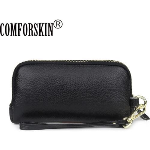 COMFORSKIN Premium 100% Cowhide Leather Women Clutch Wallet With Hand Rope Large Capacity Zipper Purse Mini Mobile Phone Bags