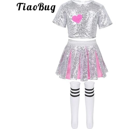 TiaoBug Kids Girls Stage Performance Hip Hop Jazz Dance Costume Shiny Sequins Crop Tops with Skirt Striped Socks Dancewear Set