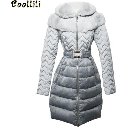 Boollili Long Winter Duck Down Jacket Women Big Rex Rabbit Fur Collar Elegant Down Coat Female Jacket High Quality Jackets