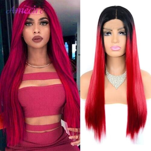 Long Synthetic Straight Wigs Ombre Burgundy Wigs For Women Middle Part Long Synthetic Wigs Natural Hairline