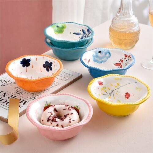 EECAMAIL Cute Embossed Bead Ceramic Lace Fruit Salad Bowl Dinner Bowl Dessert Bowl Cherry Bowl Baby Complementary Food Tableware