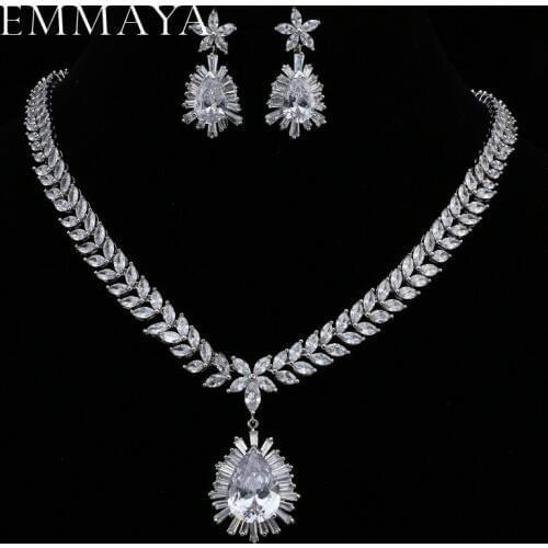 EMMAYA Gorgeous Silver Color Clear CZ Water Drop Pendants Necklaces and Earrings Jewelry Sets for Bridal
