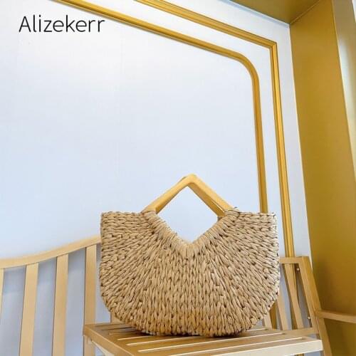 Square Wooden Handle Half Moon Straw Tote Bag Women 2021 Designer Large Capacity Woven Beach Bag Ladies Bohemia Handbag Holiday
