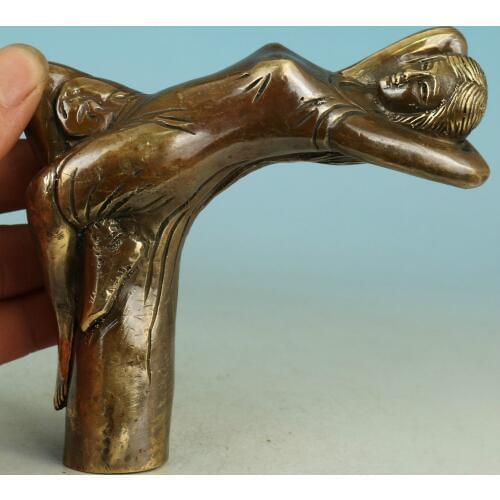 Copper Brass CHINESE crafts decoration Chinese Old Bronze Handmade Carved belle Collect Statue Walking Stick Head