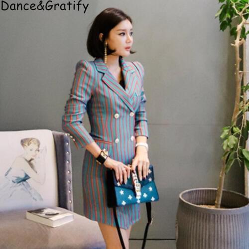 Fashion Women Notched Striped Blazer Dress Double Breasted Bodycon Female Blaser Vestidos Elegant Office Ladies Irregular Dress