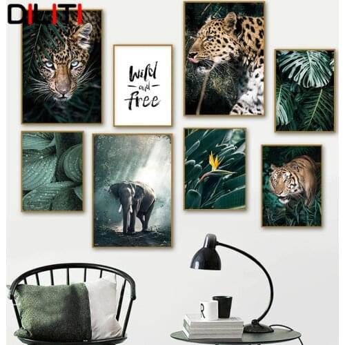 Jungle Wild Cheetah Tiger Elephant Canvas Painting Monstera Leaf Wall Art Nordic Poster and Print Pictures for Living Room Decor