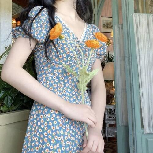 2021 New Tea Break French Floral Harajuku Cottagecore Printed Elegant Chiffon Midi Summer Dress Design Feels Foreign Style