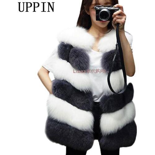 UPPIN 207 New Autumn Winter Fur Vest Women Faux Fur Vest Fashion White Gray Stitching Vest High Quality Fox Flair Vest Coat