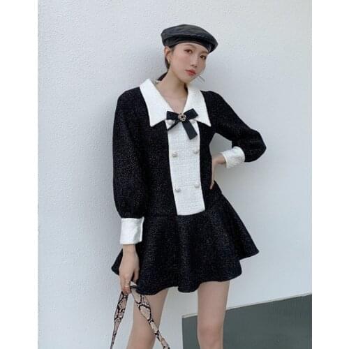 New Winter Long Sleeves Double Breasted Contrasting Color Pointed Collar Ruffled Small Fragrance Dresses Korean Fashion Clothing