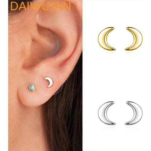 DAIWUJAN Trendy Minimalist Real 100% 925 Sterling Silver Mini Glossy Moon Stud Earrings for Women Girl Student Teen Jewelry Gift