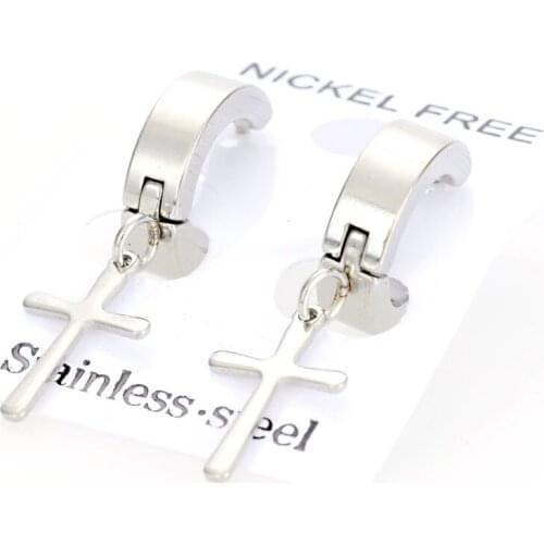 Miasol 1 PR Men Feather Cross Pendant Punk Round Cartilage Stainless Steel Earring For Men Piercing Stud Earring For Women