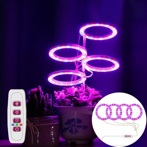 USB LED Plant Grow Light Full Spectrum with 20-80 LEDs 1/2/3/4 Angel Ring Light-Head Dimmable Seeding Phytolamp for Indoor Plant