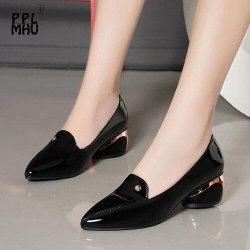 Patent Leather Pointed Hoof Heel Single Shoes British Style Soft Bottom Comfortable Office Shoes Women Shoes Plus Size 35-42