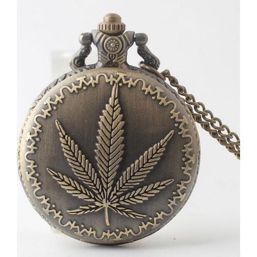 Vintage Bronze antiques maple leaf pattern woman and men quartz gift Necklace chain and FBO chain pocket watches
