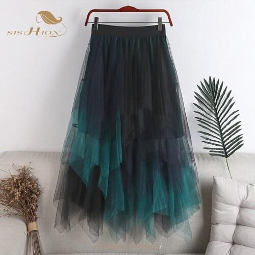 SISHION Korean Style Fashion Midi Skirt VD1822 Irregular Black White Pink Women Summer Long Cake Tulle Skirt