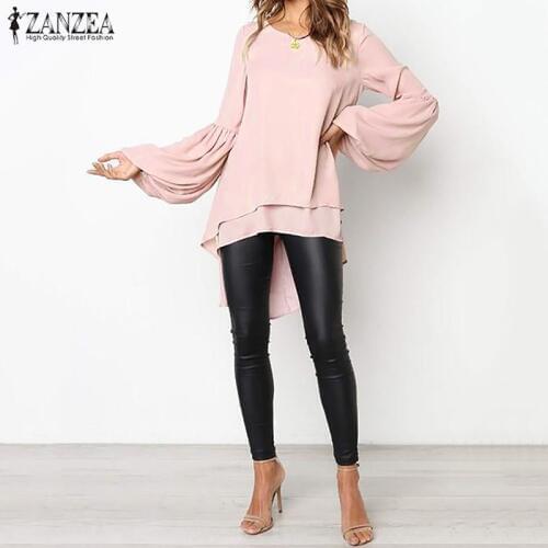 Women Lantern Sleeve Blouse ZANZEA Autumn Crew Neck Asymmetrical Hem Shirt Casual Solid Blusas Femininas Long Tops Tunic Robe 7