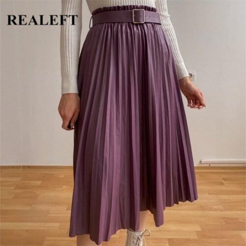 REALEFT Women Stylish Faux PU Leather Pleated Skirts with Belted Autumn Winter 2021 New Female High Waist Umbrella Chic Skirts