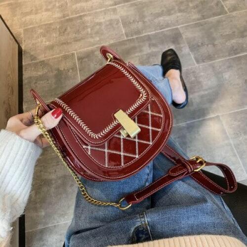 Patent leather women handbag 2020 new Korean wild one-shoulder slung fashion lattice Crossbody chain saddle bag