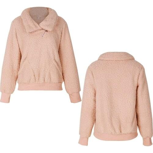 Women Fleece Hoodies 2019 Long Sleeve Stand Collar Pullover Sweatshirt Autumn Winter Warm Zipper Pocket Fur Coat Plus Size S-XL