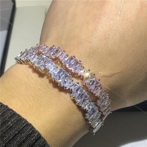 Brand New High Quality Luxury Jewelry 925 Sterling Silver&Rose Gold Fill Princess Cut AAAAA Cubic Zircon Women Bangle