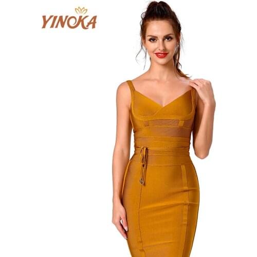 Yinoka Sexy women bodycon dress bandage golden pink red black knee length elegant night evening dinner cocktail celebrity wear