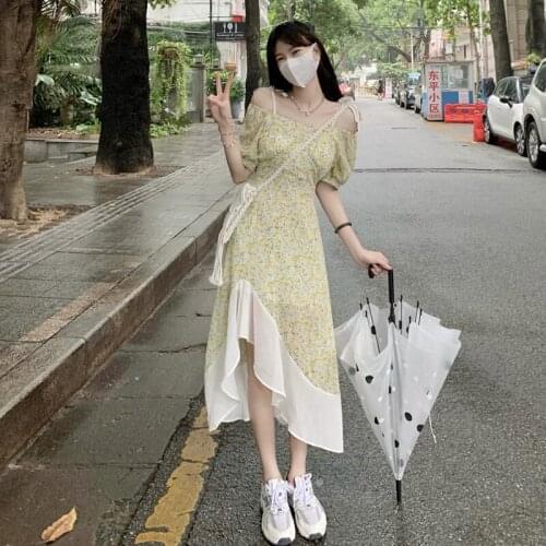 Print Dresses Women Asymmetric Summer Chic Chiffon Off Shoulder Slash Neck Puff Sleeve Spaghetti Strap Dress Sweet Style