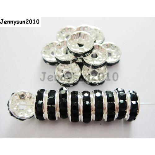 200pcs/lot 7mm Top Quality Czech Crystal Jet Black Rhinestone Pave Rondelle Metal Silver Plated Spacer Loose Beads Jewelry