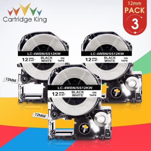 3PK Black on White SS12KW LK-4WBN 1/2" 12mm Label Tape for Epson King Jim Compatible Tapes work for Epson LW-300 LW-400 Printer
