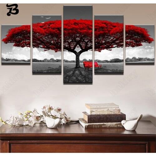5 Pieces HD Wall Art Canvas Painting Modern Posters and Prints Home Wall Pictures Red Tree Scenery Landscape Posters Living Room