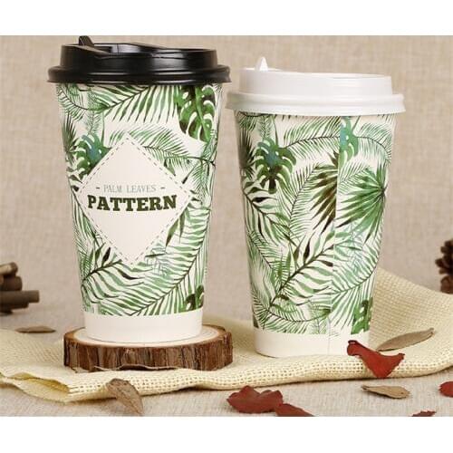 50pcs High quality 500ml disposable coffee cup thick creative green cold hot drink paper cups party birthday favors cup with lid