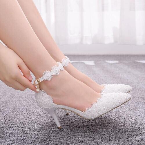 7.5 Cm White Lace Bridal Wedding Shoes Thin Heels Single Shoes Banquet Dress High Heels Large Small Size Womens Shoes 33,42,43