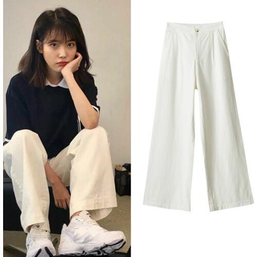 Kpop IU Lee Ji Eun summer loose casual straight white pants women korean Streetwear wild Elegant wide-leg Elastic waist trousers