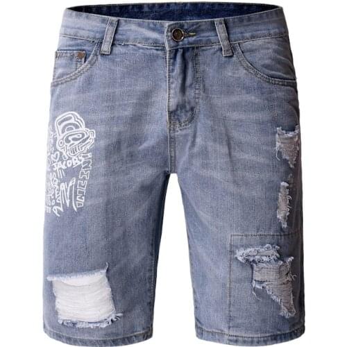 Denim shorts men casual fashion high quality brand Hip hop ripped denim shorts male summer printed jeans men
