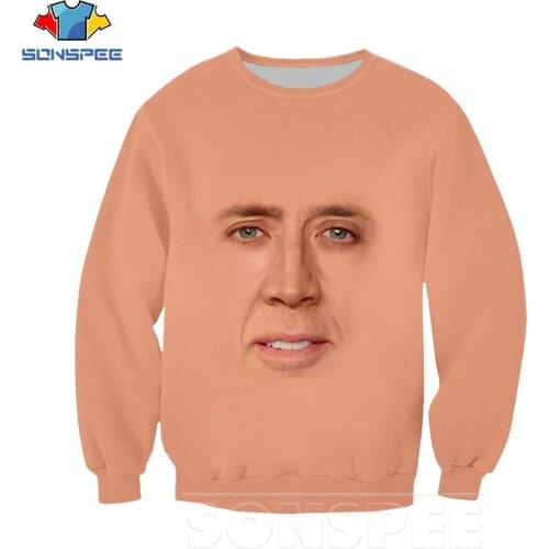 SONSPEE 3D Printing Funny Actors Nicolas Cage Sweatershirt Men Sports Tops Women Long-sleeved Shirts Harajuku Funny Face Hip-hop