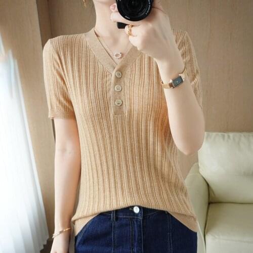 T-shirt womens summer new style knitted wool short-sleeved V-neck pullover short slim slimming solid color all-match top