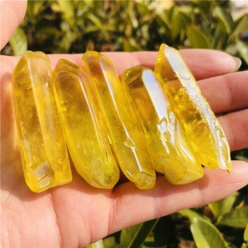 Electroplated 100g Yellow Titanium Aura Lemurian Crystal Wand Point Healing Crystal Stone Decor Natural Quartz Crystals