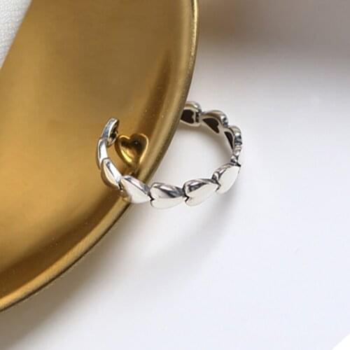 Peach heart heart-shaped tandem 925 silver ring Japanese personality retro love ring silver adjustable ring female