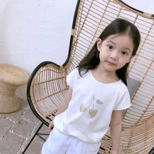 Summer t-shirt for kids baby girls white tshirt cherry shine rhinestone cotton girls summer tops boys tops
